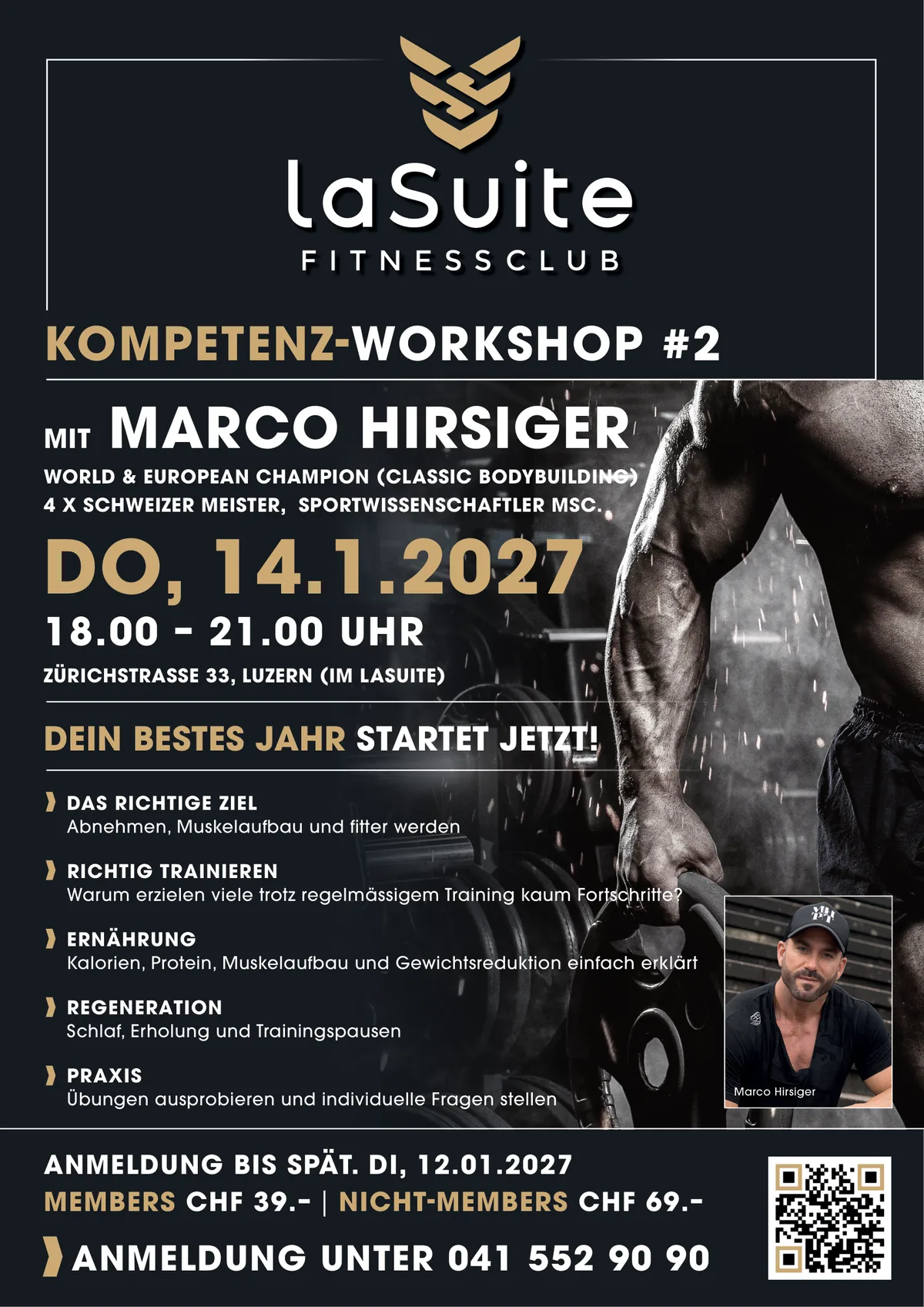 Kompetenz-Workshop #2 mit Marco Hirsiger am 14.01.2027 im laSuite Fitnessclub Luzern &ndash; richtiges Ziel, richtig trainieren, Ern&auml;hrung, Regeneration und Praxis