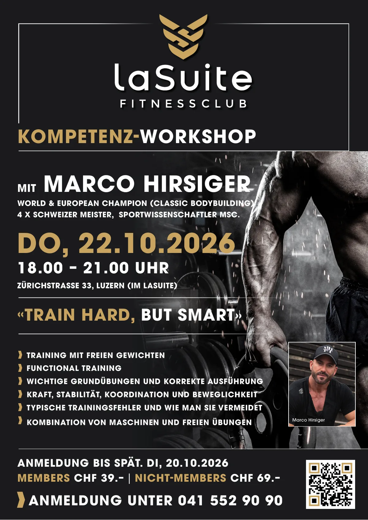 Kompetenz-Workshop mit Marco Hirsiger am 22.10.2026 im laSuite Fitnessclub Luzern &ndash; Training mit freien Gewichten, Grund&uuml;bungen und Technik